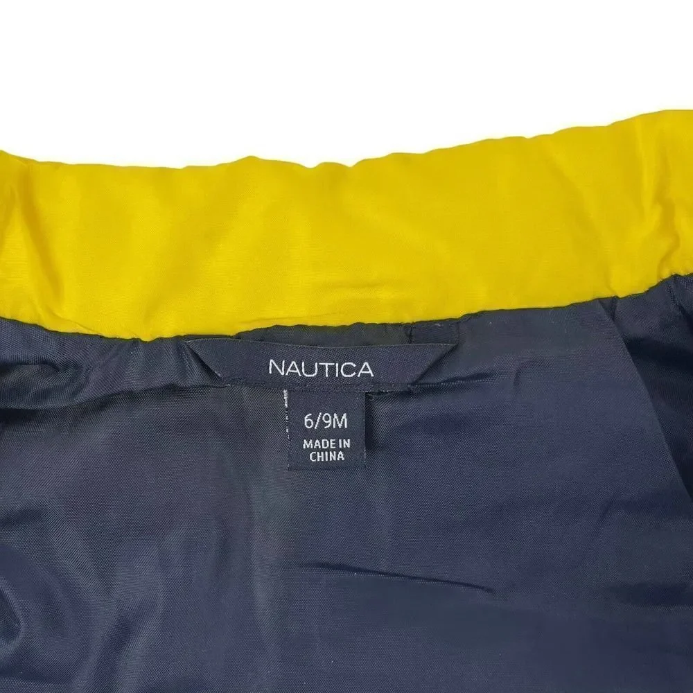 Nautica Spellout Puffer Vest Logo Color Blocked Yellow Blue Baby Size 6-9 Month